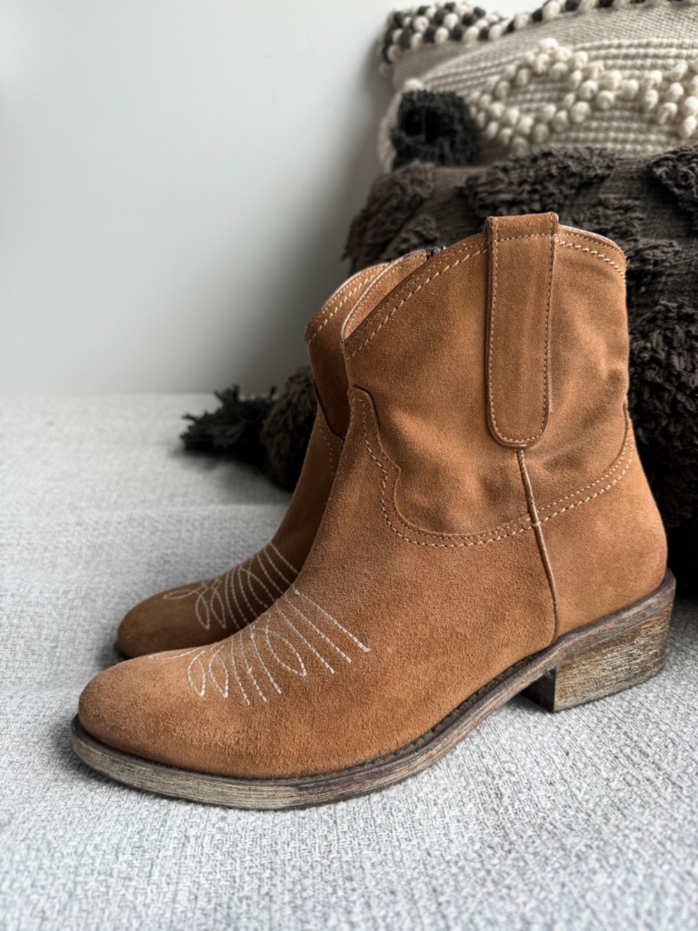 B2-Women’s Suede Western Ankle Booties in Cognac Brown